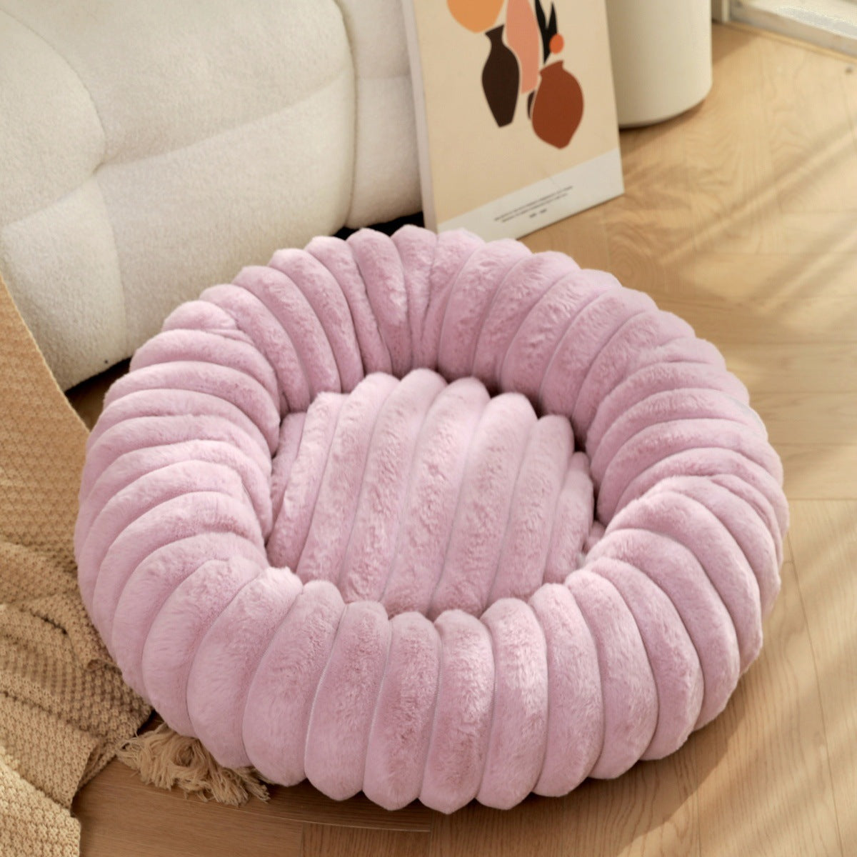 Pet bed high weight straight striped rabbit plush pet mat long hair round cat bed winter warm dog bed dog bed