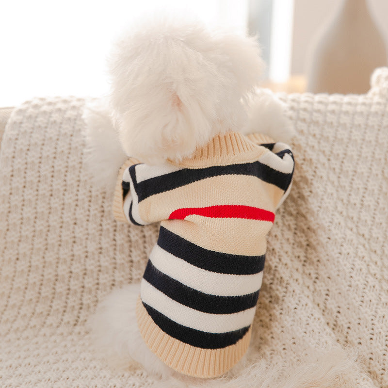 Autumn And Winter Puppy Dog Striped Knitted Sweater Small And Medium Dog Cardigan Two-Legged Clothes Thin Winter Clothing