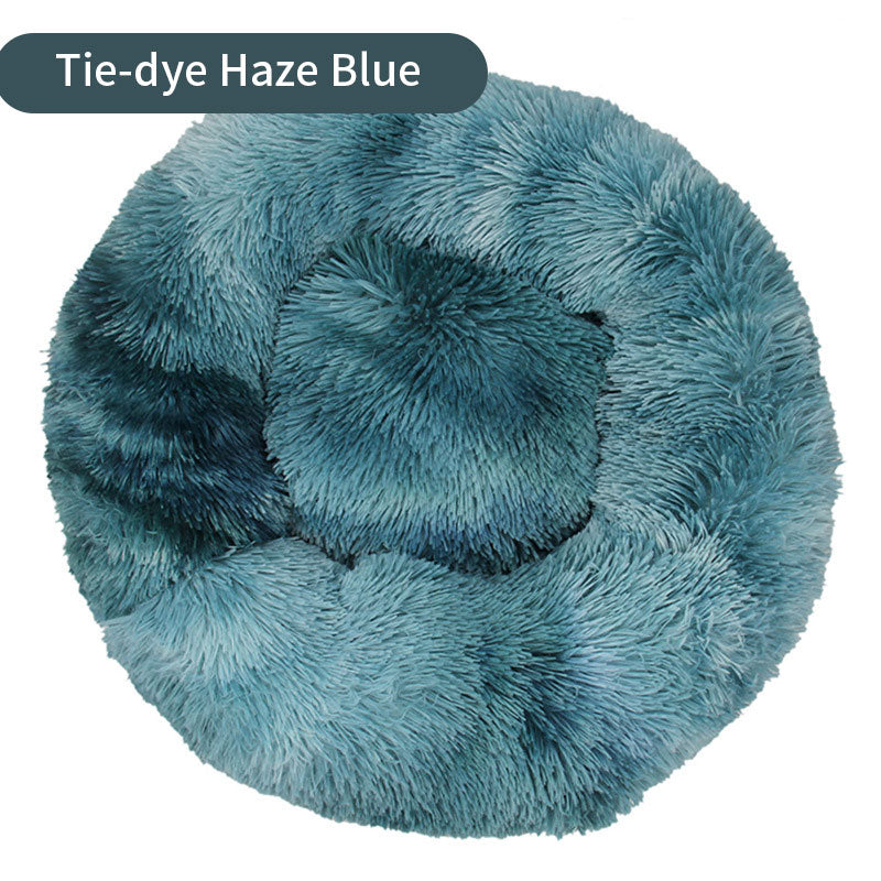 Dog Kennel Cat Kennel Long Tie-Dye Plush Round Pet Kennel Dog Bed Dog Mat Pet Tie-Dye Mattress Pet Supplies