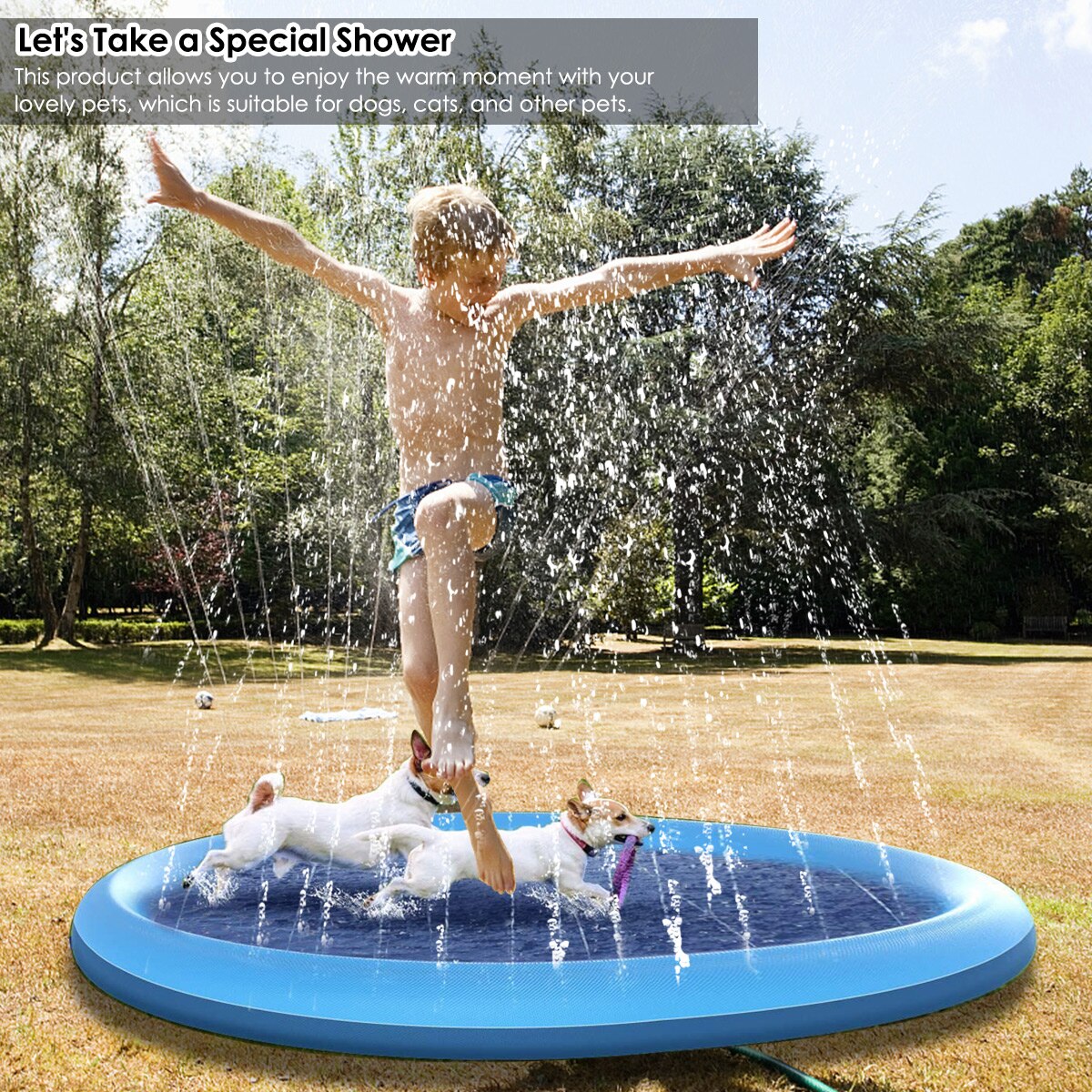 150cm Water Sprinkler can spray spout to dispe Pad for Kids Pets Dogs Outdoor Water Play Mat Dog Bath Pool