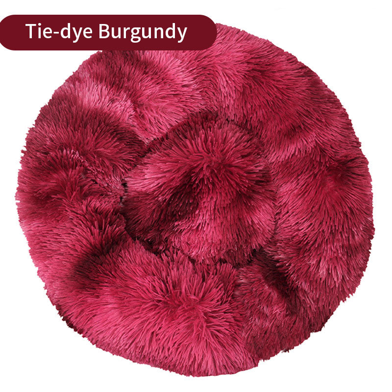 Dog Kennel Cat Kennel Long Tie-Dye Plush Round Pet Kennel Dog Bed Dog Mat Pet Tie-Dye Mattress Pet Supplies