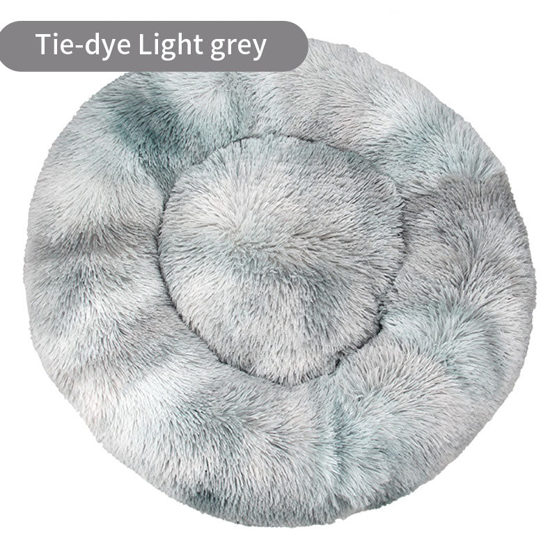 Dog Kennel Cat Kennel Long Tie-Dye Plush Round Pet Kennel Dog Bed Dog Mat Pet Tie-Dye Mattress Pet Supplies