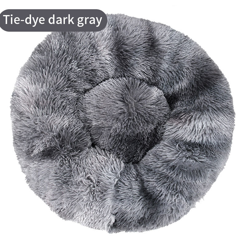 Dog Kennel Cat Kennel Long Tie-Dye Plush Round Pet Kennel Dog Bed Dog Mat Pet Tie-Dye Mattress Pet Supplies