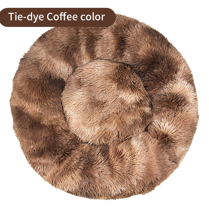 Dog Kennel Cat Kennel Long Tie-Dye Plush Round Pet Kennel Dog Bed Dog Mat Pet Tie-Dye Mattress Pet Supplies