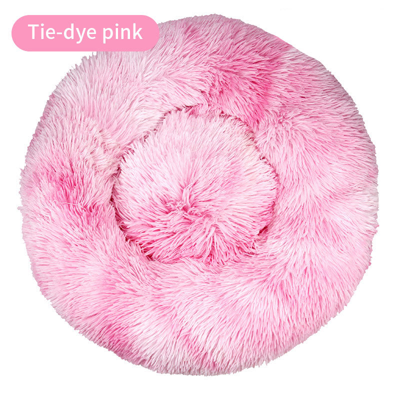 Dog Kennel Cat Kennel Long Tie-Dye Plush Round Pet Kennel Dog Bed Dog Mat Pet Tie-Dye Mattress Pet Supplies