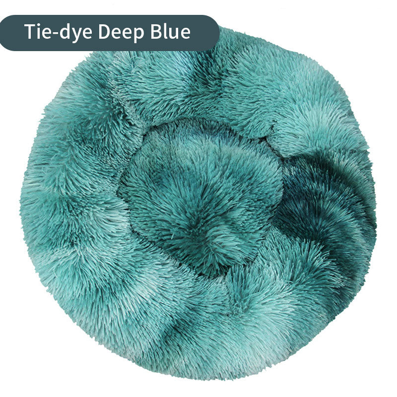 Dog Kennel Cat Kennel Long Tie-Dye Plush Round Pet Kennel Dog Bed Dog Mat Pet Tie-Dye Mattress Pet Supplies